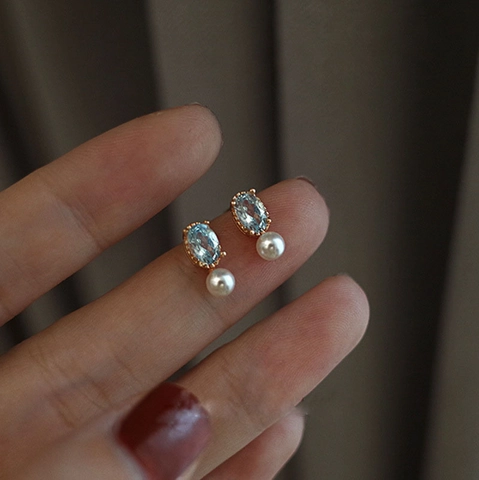 Boucles Oreilles Puces Künstliche Perles Topaze Bleue Avec Tige En Argent Sterling 925 Plaqué Or 14K Luxe Français Pour Femmes