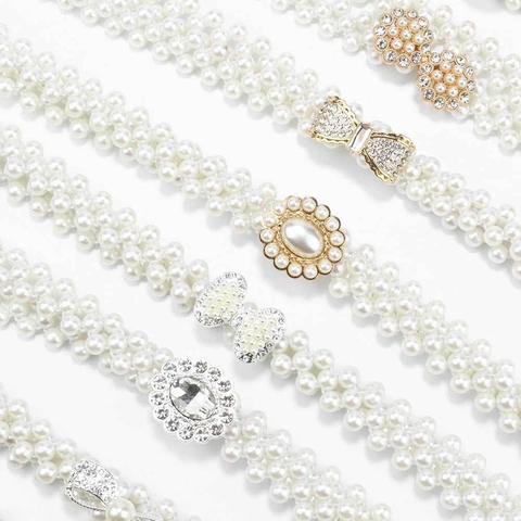 Fashion Women Elastic Artificial Pearl Waist Chain Elegant Rhinestone Buckle Corset Belt For Dresses Wedding Party Jewelry