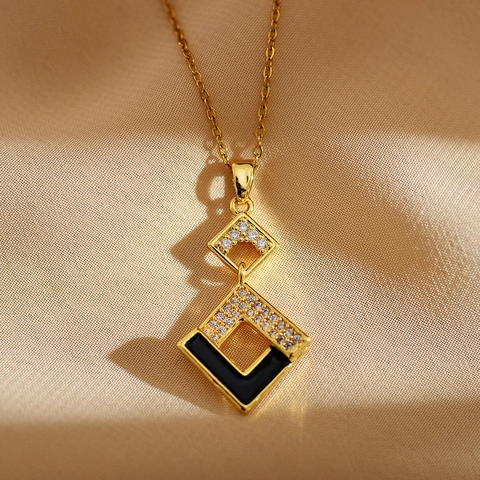 Collar Con Colgante De Rombo Geométrico Acero Inoxidable Esmalte Pedrería Micro Incrustaciones Estilo Coreano Joyería De Lujo Para Mujer