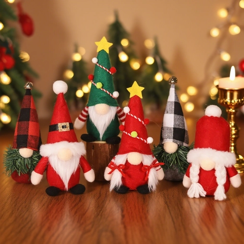 Adornos De Gnomos De Navidad Muñeca Sin Rostro Decoraciones De Escritorio Fieltro A Cuadros Piel Sintética Hecho A Mano
