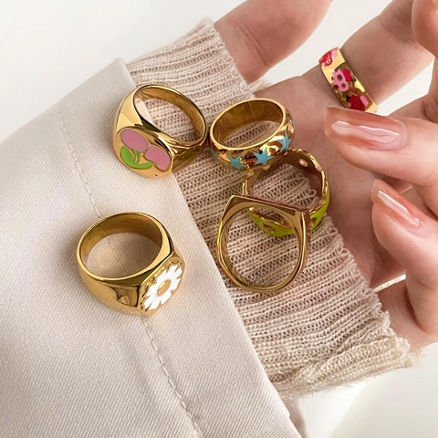 Titanium Steel Enamel Ring Colorful Mushroom Star Daisy Pattern Signet Retro Y2K Jewelry For Women