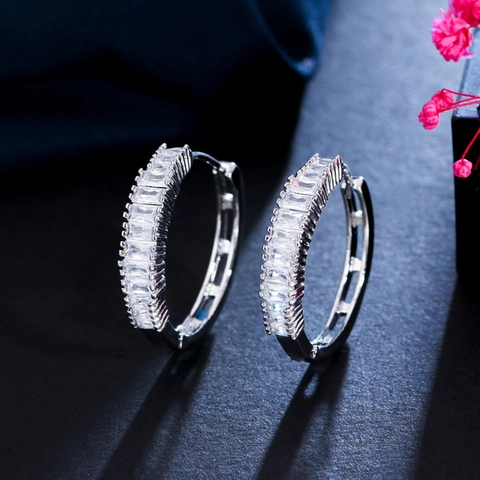 Luxury Copper Zirconia Hoop Earrings For Women Rectangular Pave Rhinestone Huggie Buckle Gold Silver Plated Fashion Jewelry