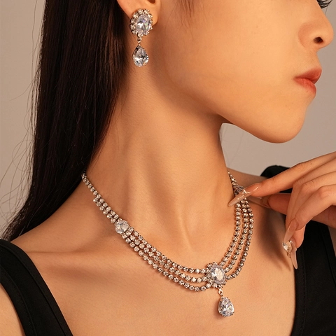 Multi Layer Rhinestone Clavicle Necklace And Water Drop Zircon Earrings With Silver Earring Post For Women Party Luxury