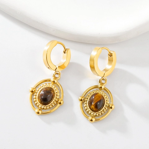 Vintage Edelstahl Tigerauge Ohrhänger Für Damen Vergoldet Böhmischen Palast Stil Mode Schmuck Geschenk