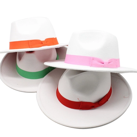 Elegant Fedora Hat Woolen Felt Wide Brim Colorful Bow Ribbon Jazz Hat For Men Women Autumn Winter Vintage Style British