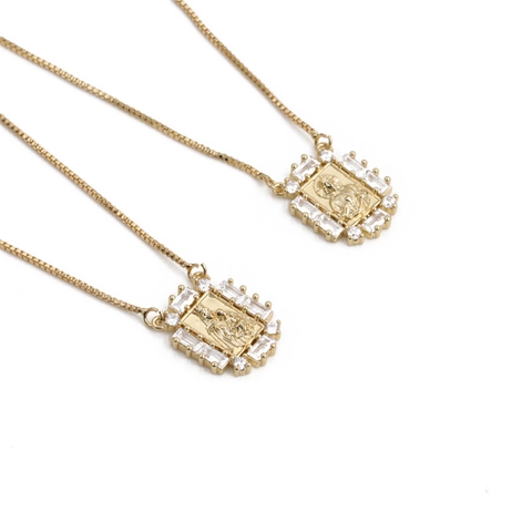 Religious Figure Square Pendant Necklace Copper With Zircon Micro Pave Clavicle Box Chain Fashion Jewelry For Women