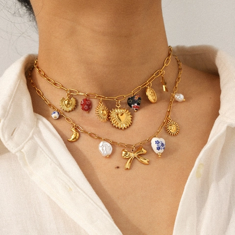 Pendant Necklace Stainless Steel With Faux Artificial Pearl Ceramic Beads Heart Sun Moon Bow Charms For Women Retro Bohemian Style