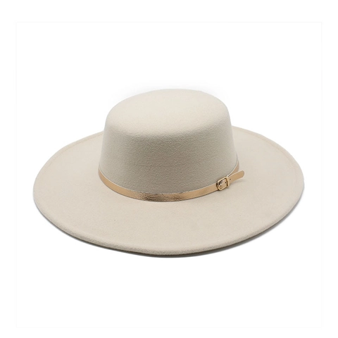 Flat Top Wide Brim Boater Hat With Gold Belt Buckle Retro Felt Jazz Fedora For Men Women Elegant Adjustable Sun Hat