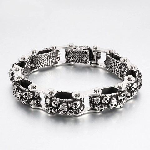Bracciale Con Teschio Da Uomo Acciaio Inossidabile Punk Catena Per Bicicletta Gotico Retro Argento Gioielli Industriali