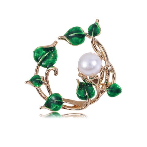 Spilla Vintage a Ghirlanda di Piante per Donna in Lega d'Oro con Foglie di Smalto Verde Elegante Spilla con Perla Artificiale