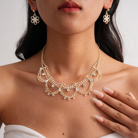 Luxury Elegant Water Drop Floral Lace Necklace And Earrings For Women Copper And Rhinestone Multi Layer Fringe