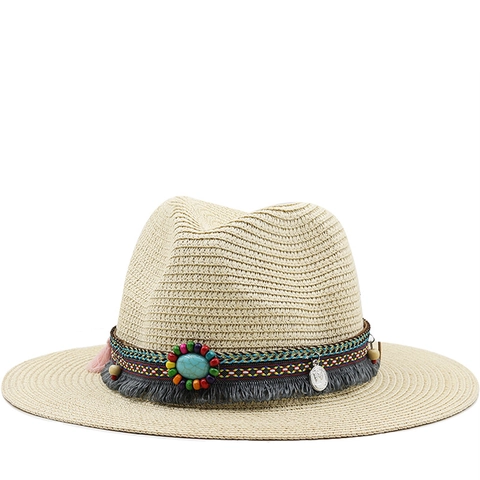 Boheemse Fedora Strooien Zonnehoed Met Etnische Kralenband Kwastjes En Turquoise Decoratie Voor Uniseks Volwassenen