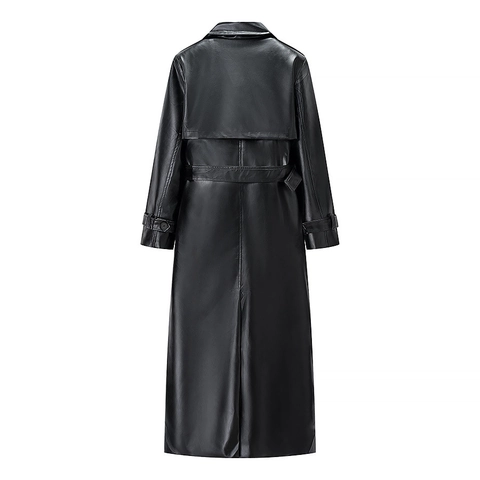 Lange Dames Trenchcoat Van PU Kunstleer Met Riem Revers Enkele Rij Knopen Chic Streetwear Jas