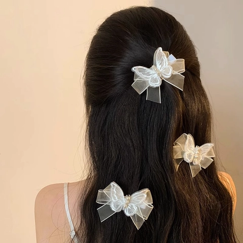 Mollette per Capelli a Farfalla in Rete Bianca Con Ricamo di Künstliche Perle Sintetiche Eleganti Accessori per Capelli Fatti a Mano