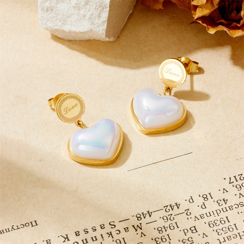 Heart Drop Earrings Love Engraved Titanium Steel Gold Plated Pearlescent White Heart Dangle Studs Elegant Accessory For Women