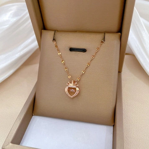 Collana Cuore Corona Pietra Danzante Acciaio Inossidabile Oro Rosa Rame Catena Clavicvola Zircone Gioielli Eleganti Per Donne