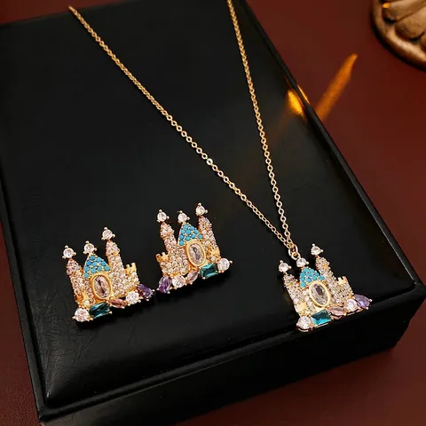 Joyas Castillo Collar Y Pendientes Cobre Zirconia Colorida Con Poste De Plata Exquisito Regalo De Cuento De Hadas