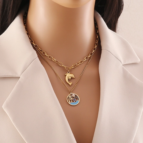 Stainless Steel Necklace Earring Jewelry Double Layer Dolphin Coconut Tree Tropical Turquoise Enamel Artificial Pearl Boho For Women