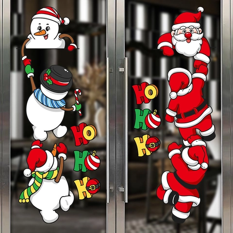 Christmas Window Stickers Static Cling Santa Claus Snowman PVC Decals Double Sided For Glass Door Holiday Home Decor