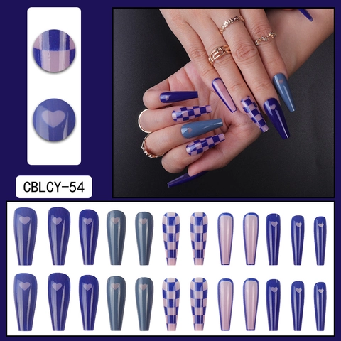 Unghie Finte Coffin Press On Blu Klein Scacchiera Cuore Lunghe Trapezoidali Lucide Manicure Di Tendenza Design Francese