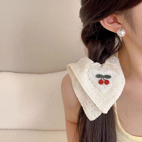 Zoete Kersenvlecht Borduurwerk Kant Scrunchie Stof Haarelastiekje Verse Stijl Paardenstaarthouder Haarring Voor Vrouwen