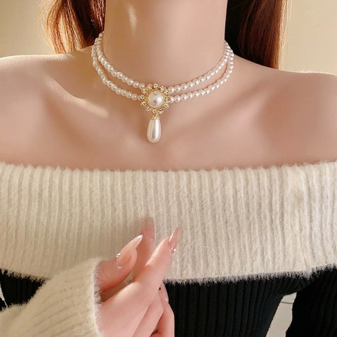 French Retro Double Layer Artificial Pearl Necklace With Teardrop Pendant Rhinestone Flower Alloy Elegant Jewelry For Women