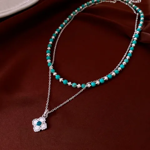 Collana Doppio Strato Rame Turchese Sintetico Ciondolo Quadrifoglio Zircone Gioielli Stile Boho Vintage Donna