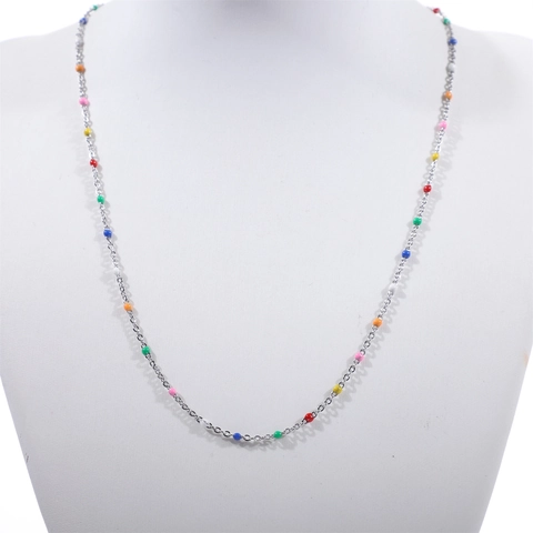 Enamel Beaded Necklace 304 Stainless Steel Thin Cross Chain Minimalist Colorful Round Bead Jewelry For Women Trendy