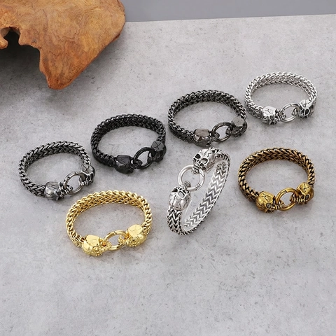 Pulsera Calavera Hombre Acero Inoxidable 316L Gótico Punk Cadena Trenzada Biker Joyería Vintage