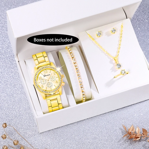 Geneva Women Luxury Quartz Watch With Rhinestone Necklace Bracelet Earrings Ring Fashion Alloy Accessories No Box Gold Silver Rose Gold