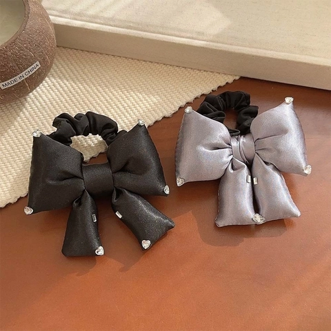 Large Bow Satin Scrunchies With Rhinestones High Elastic Hair Ties Ponytail Holder For Women Girls Elegant Hair Accessories