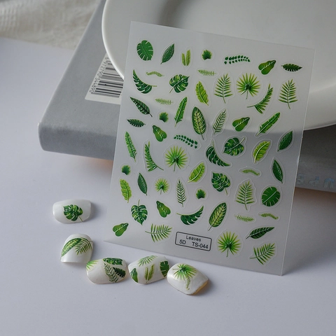 Green Tropical Leaves 5D Embossed Nail Stickers Relief Monstera Palm Pattern Self Adhesive Waterproof Fresh Style For Women