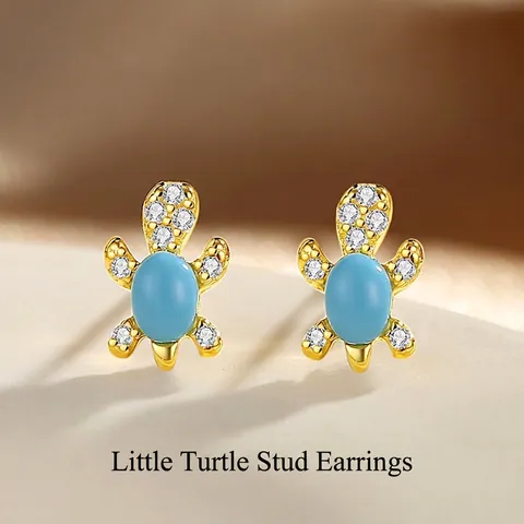 925 Sterling Silver Turtle Stud Earrings For Women Cute Sea Turtle Animal Shape Sky Blue Stone Zirconia Inlaid Gold Silver Plated Jewelry Gift