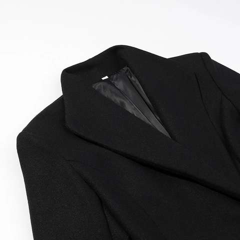 Women Black Extra Long Woolen Trench Coat Notch Lapel Single Button Slim Fit Solid Color Fall Office Commuter Jacket