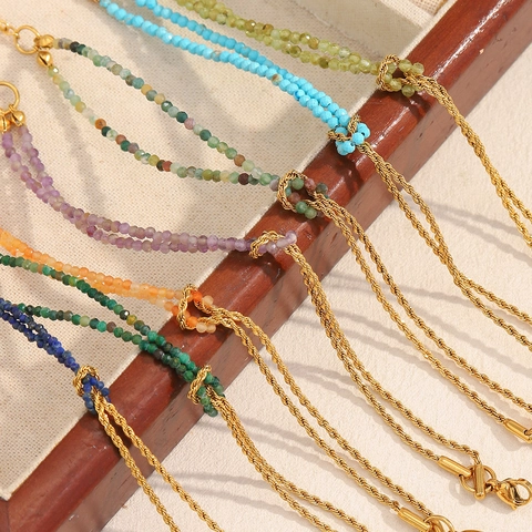 Fashion Twisted Rope Chain Bracelet 18K Gold Plated Stainless Steel Natural Stone Spliced Beads Adjustable Jewelry Women
