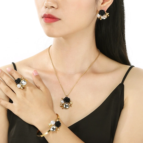 Stainless Steel Jewelry Necklace Bracelet Ring Earrings With Rose Flower Artificial Pearl Zircon Luxury Fashion For Women