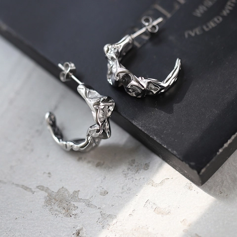 Titanium Steel Crumpled Paper Texture Hoop Earrings Silver Molten Lava Irregular Exaggerated Minimalist Jewelry For Women