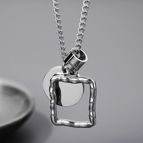 Men Pendant Necklace Stainless Steel Geometric Square Round Detachable Minimalist Streetwear Jewelry Silver