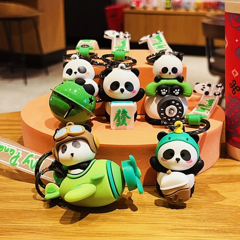 Süßer Rotierender Panda Schlüsselanhänger PVC Weichgummi Cartoon Taschenanhänger Mit Handschlaufe Für Schultasche Autoschlüssel