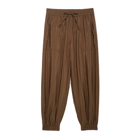 Pantaloni Jogger Donna Poliestere Lucido Vita Elastica Coulisse Tasche Laterali Stile Safari Casual Streetwear