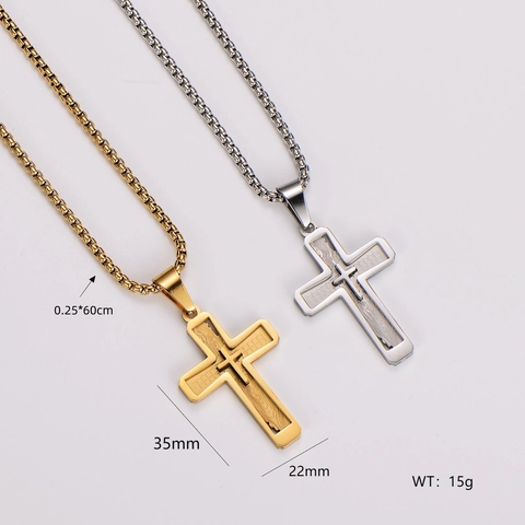 Dubbellaagse Kruis Hanger Ketting 304 Roestvrij Staal Getextureerd Retro Eenvoudig Gepersonaliseerd Luxe Sieraden Voor Mannen Box Ketting