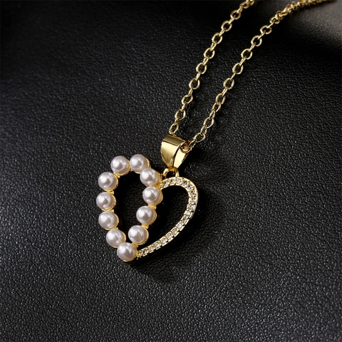 Heart Pendant Necklace Copper 18K Gold Plated Zircon Artificial Pearl Hollow Elegant Light Luxury Jewelry For Women
