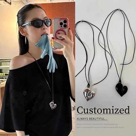 Puffy Heart Pendant Necklace Irregular Copper Resin Adjustable Black Cord Minimalist Korean Style Sweet Cool For Women