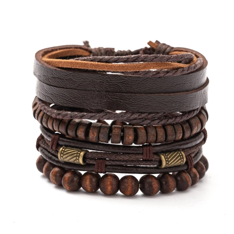 Bracciale Multistrato Vintage Pelle Perline Di Legno Corda Intrecciata Lega Bracciale Regolabile Gioielli Uomo Donna