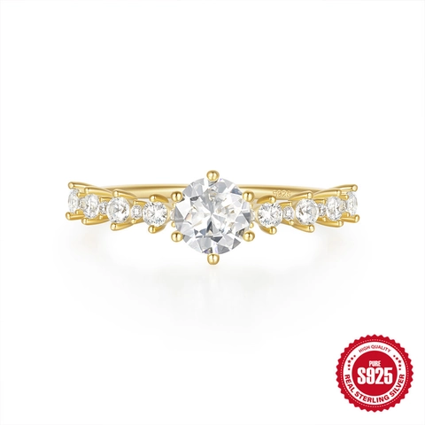 Lussuoso Anello di Fidanzamento in Argento Sterling 925 Zirconia Tonda Sei Griffe Oro Galvanizzato Moda Minimalista Donna