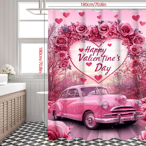 Cortina De Ducha Tela Poliéster Impermeable Tema San Valentín Coche Rosa Corazón Gato Negro Decorativo Para Baño