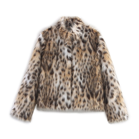 Dames Jas Van Imitatiebont Met Luipaardprint Lange Mouwen Opstaande Kraag Kort Chic