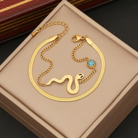 Stainless Steel Snake Double Layer Bracelet Gold Plated Rhinestone Snake Pendant Herringbone Chain Jewelry For Women
