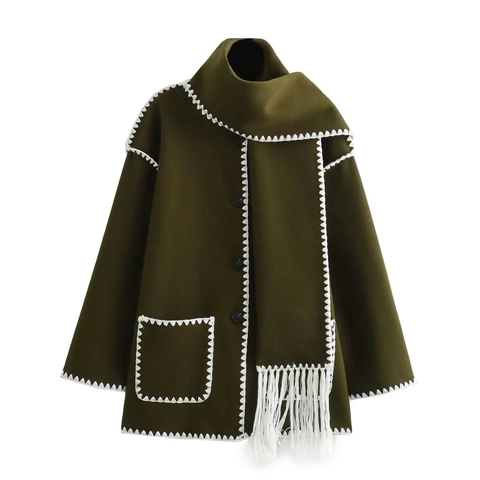 Women Woolen Style Jacket With Scarf Fringed Tassel Embroidery Contrast Edge Casual Long Sleeve Button Outerwear