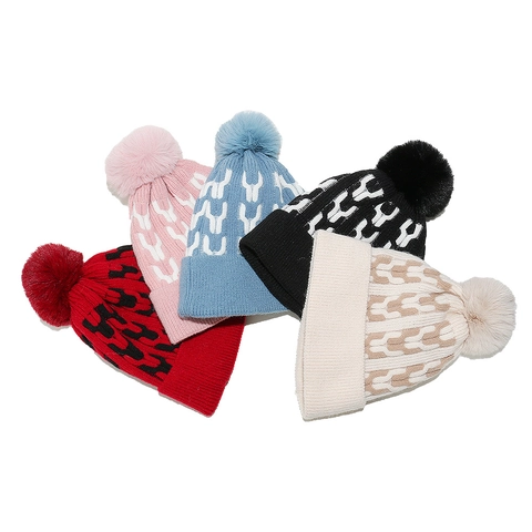 Berretto Invernale Da Donna Pom Pon Foderato In Pile Caldo Maglia Motivo Geometrico All'aperto Termico Tempo Freddo